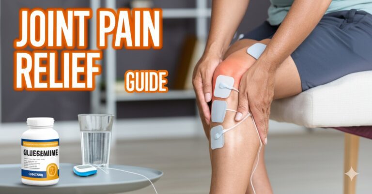Thumbnail for Joint Pain Relief Guide with person massaging knee and glucosamine bottle